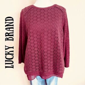 Lucky Brand Burgundy Layered Crochet Laced & Sheer Flowy Top
